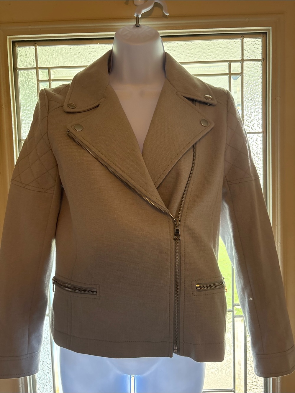 Ann Taylor Beige Quilted-Shoulder Moto Jacket